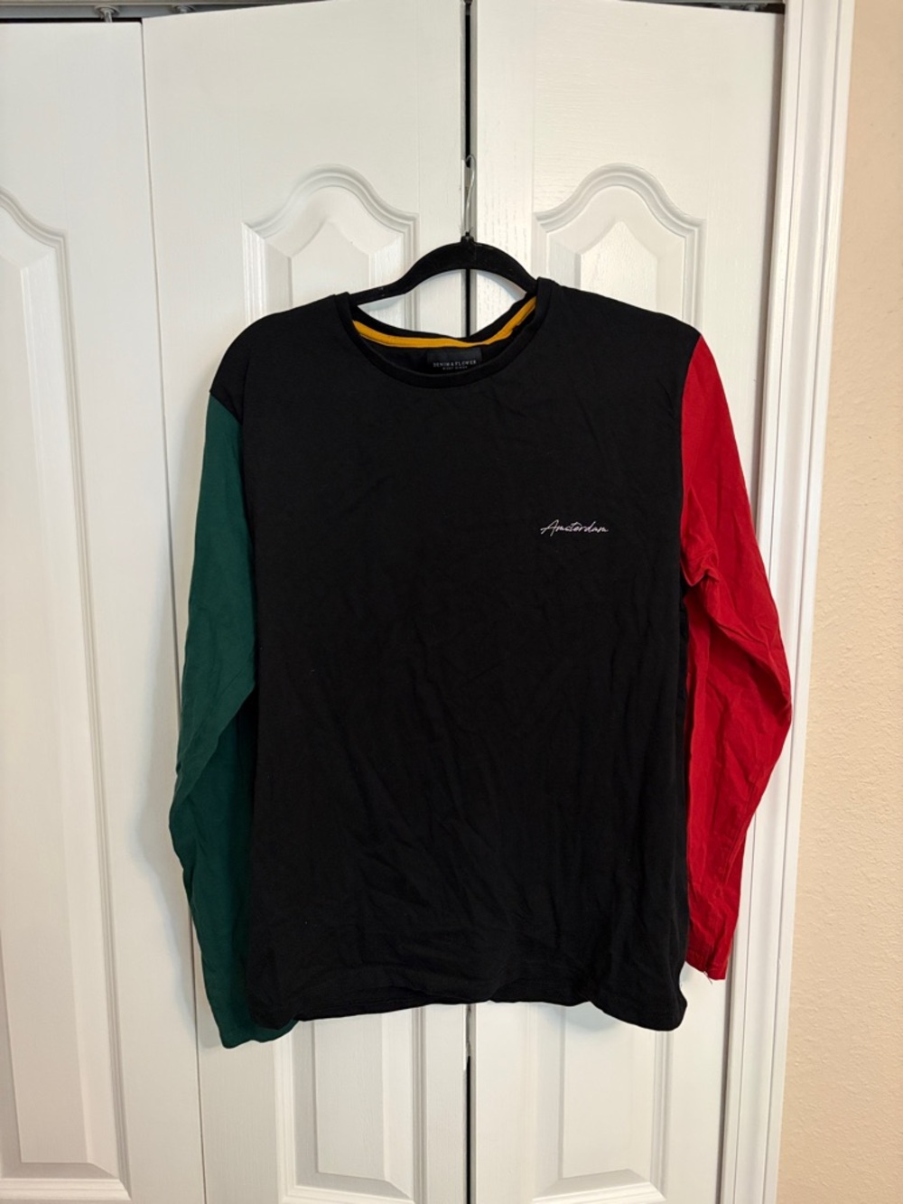Denim & Flower Black Colorblock Crewneck Long-Sleeve with Green & Red Sleeves